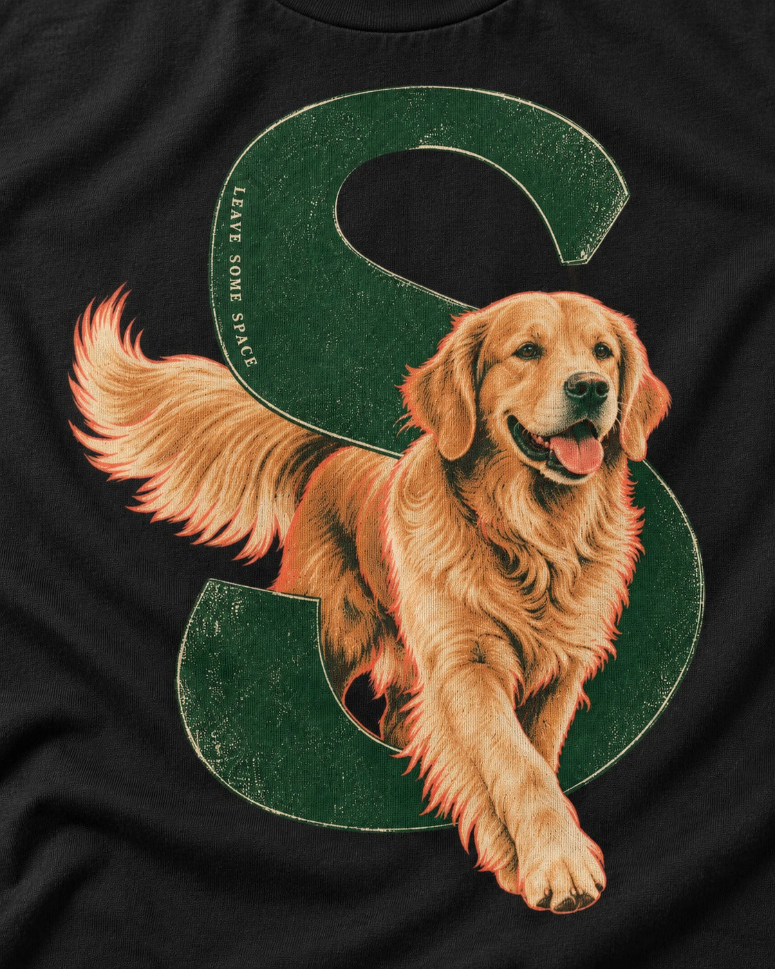 Golden Retriever Leave Some Space Monogram Graphic T-Shirt in Black, close-up of the graphic