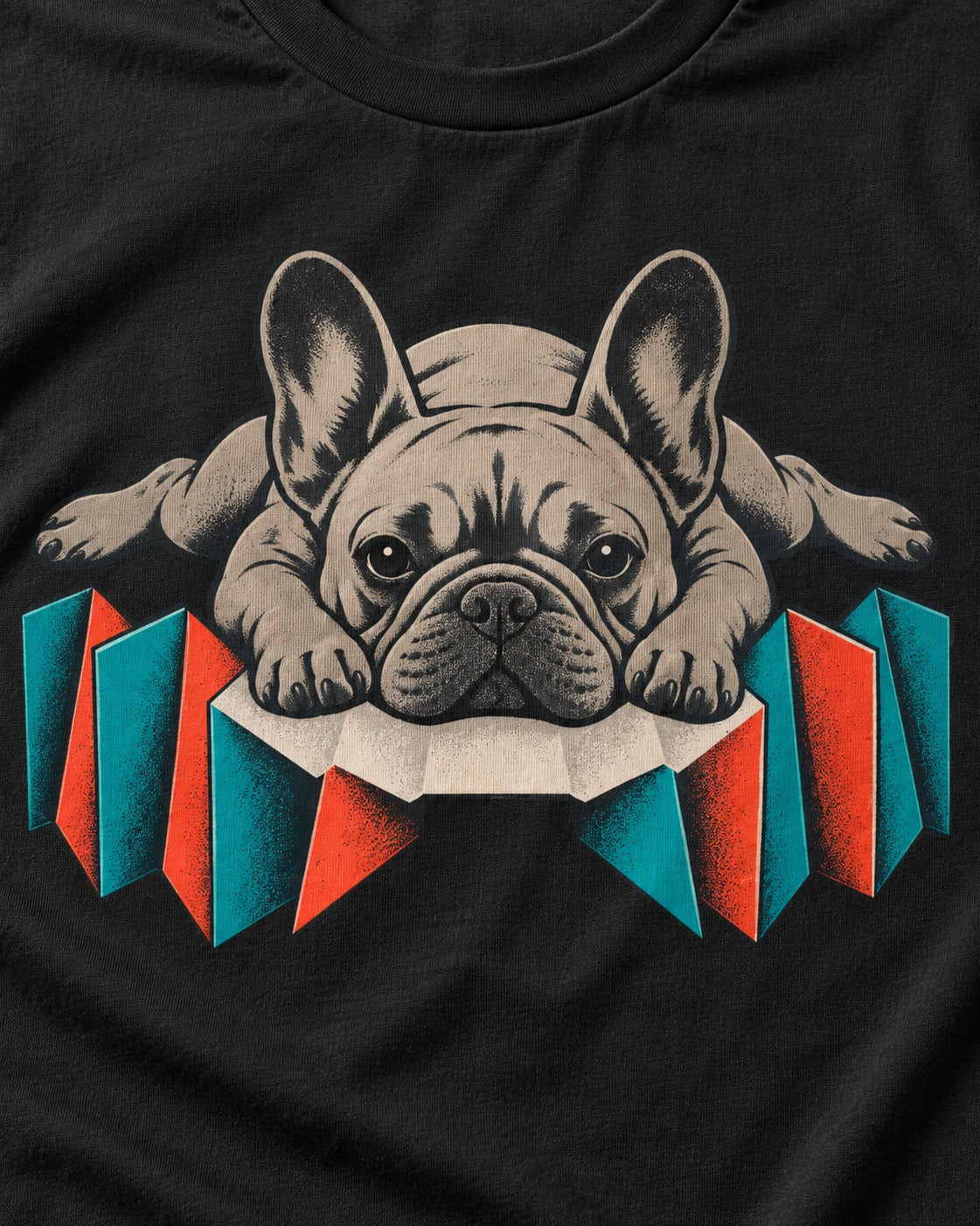 Frenchie Sploot Press Graphic T-Shirt in Black, close-up of the graphic