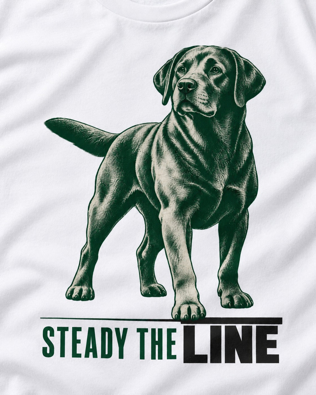 Steady the Line Labrador Retriever T-Shirt in White, close-up of the graphic