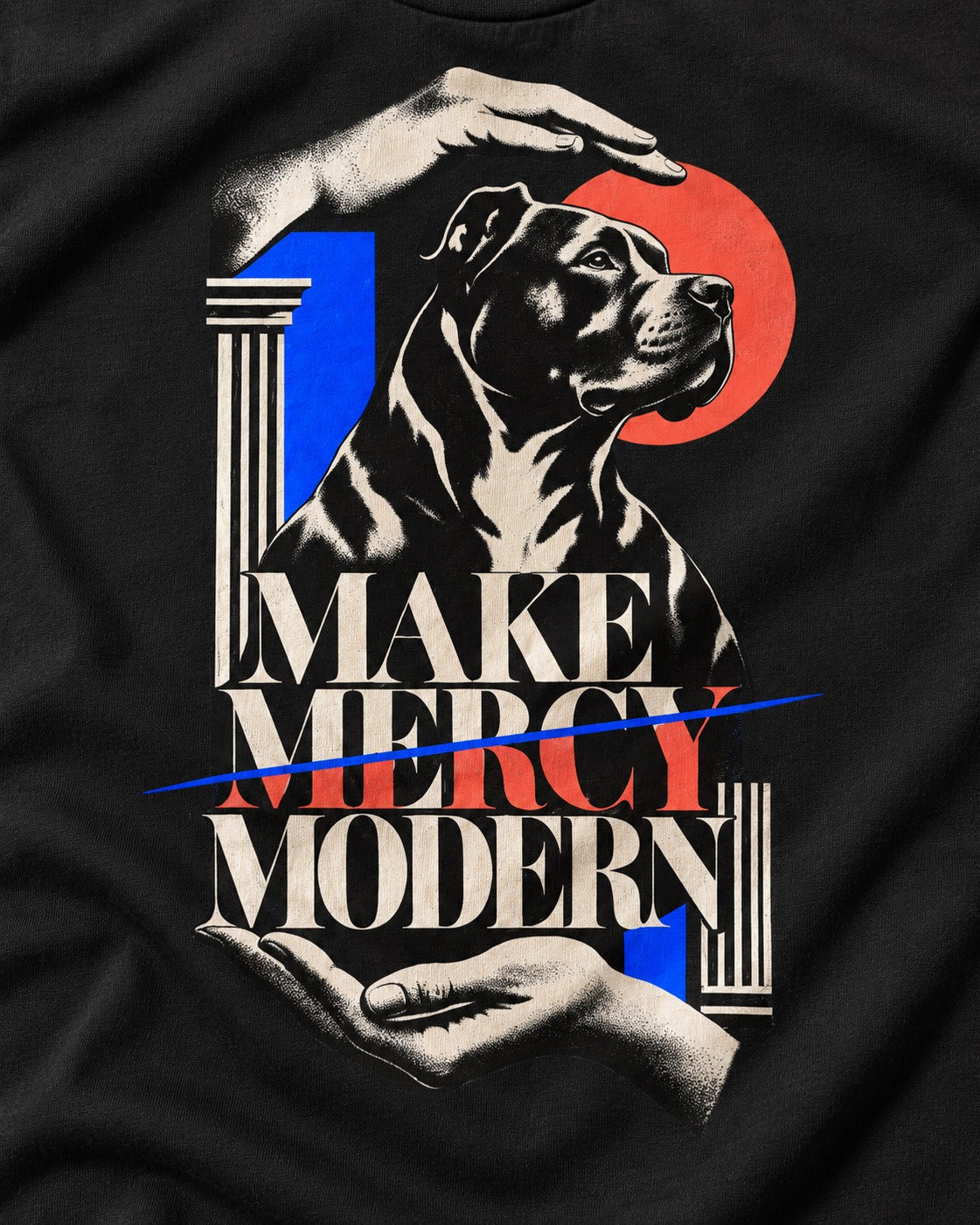 Pitbull Make Mercy Modern Protective Hands Graphic T-Shirt in Black, close-up of the graphic