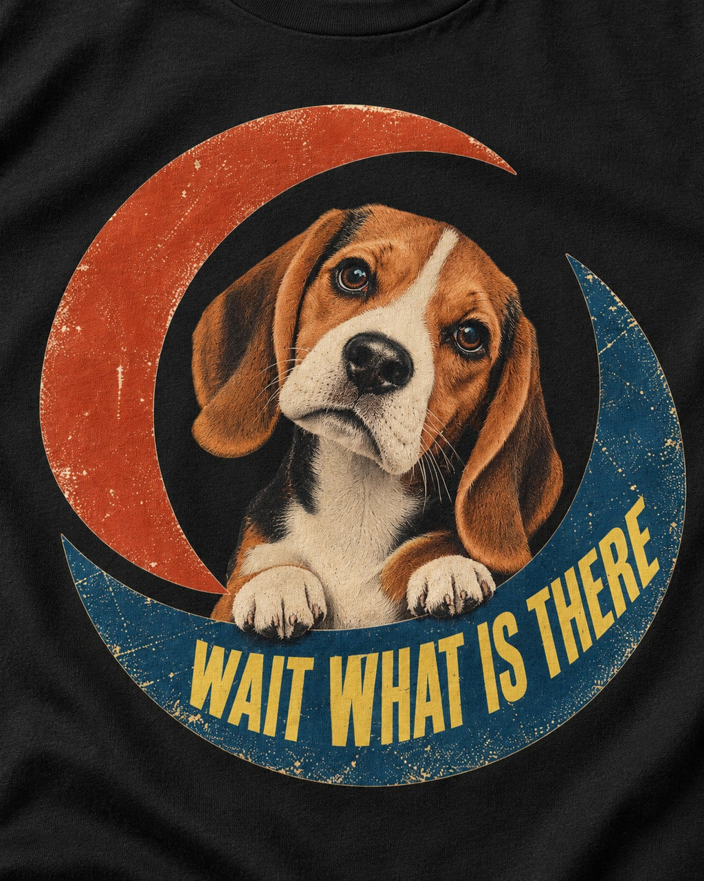 Wait What Is There Beagle Crescent T-Shirt in Black, close-up of the graphic