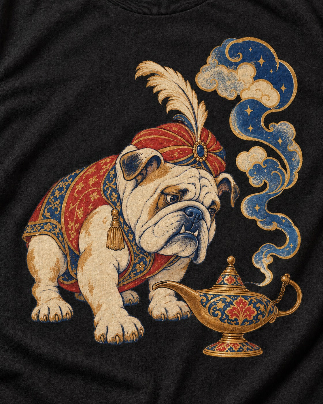 English Bulldog Magic Lamp Genie Graphic T-Shirt in Black, close-up of the graphic