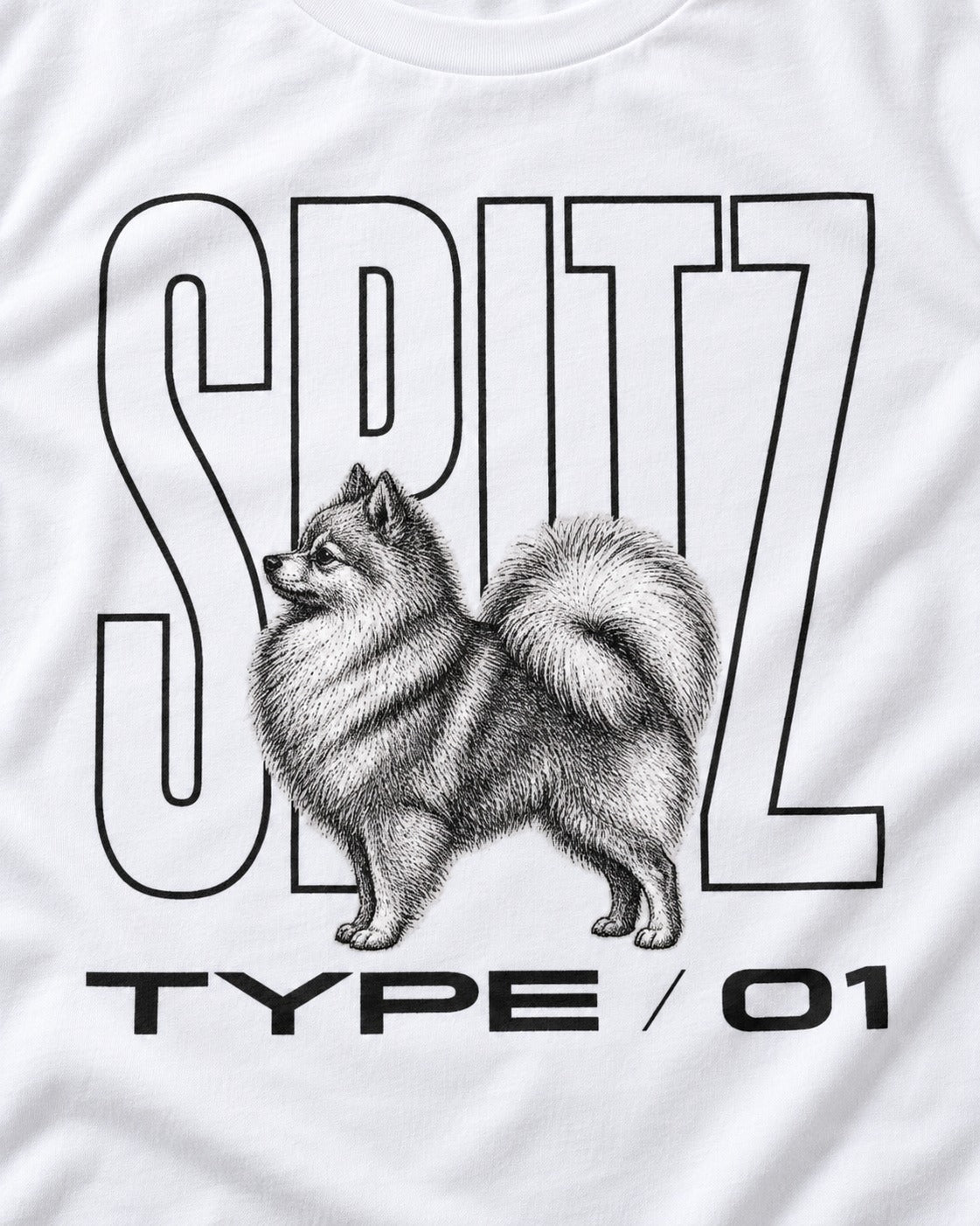 Pomeranian Spitz T-Shirt in White, close-up of the graphic