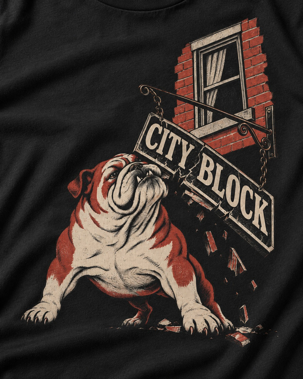 English Bulldog City Block Breaking Sign Graphic T-Shirt in Black, close-up of the graphic
