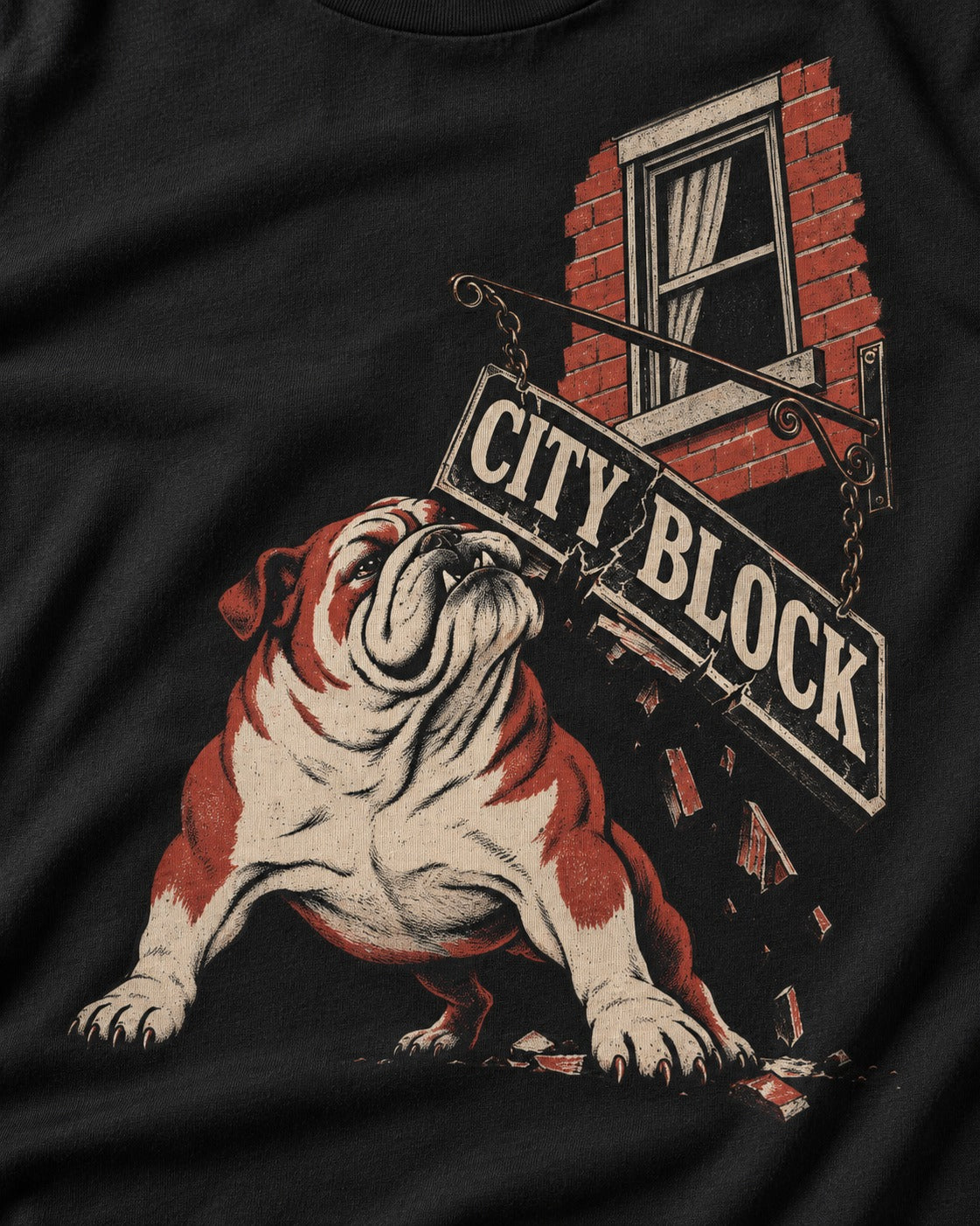 English Bulldog City Block Breaking Sign Graphic T-Shirt in Black, close-up of the graphic