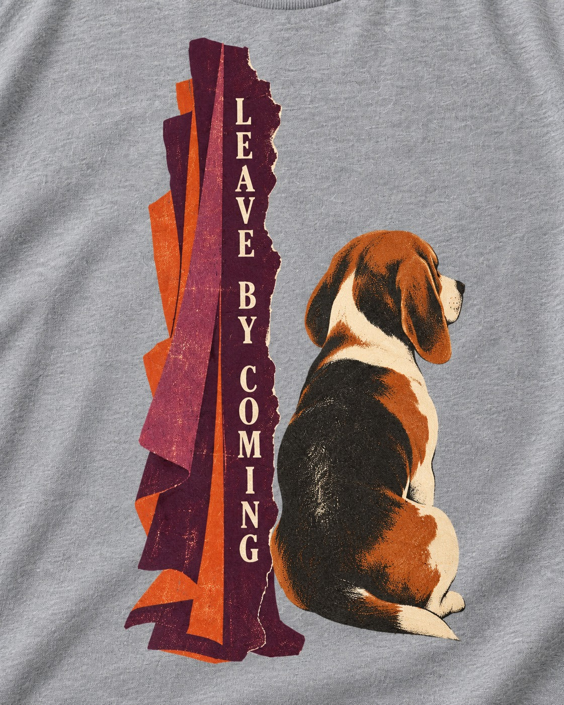 Leave By Coming Beagle Companion T-Shirt in Sport Grey, close-up of the graphic