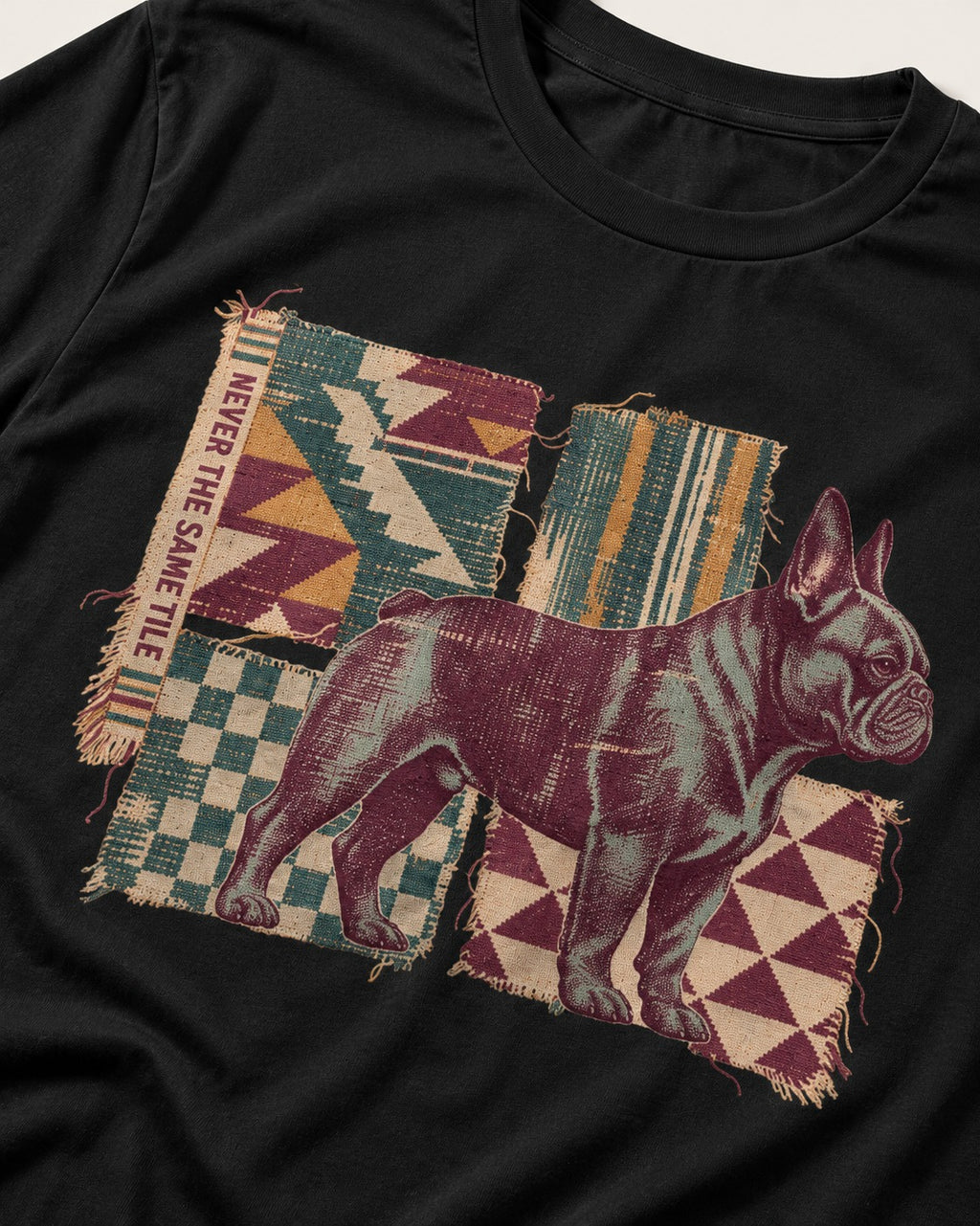Frenchie Never the Same Tile Textile Graphic T-Shirt in Black, close-up of the graphic
