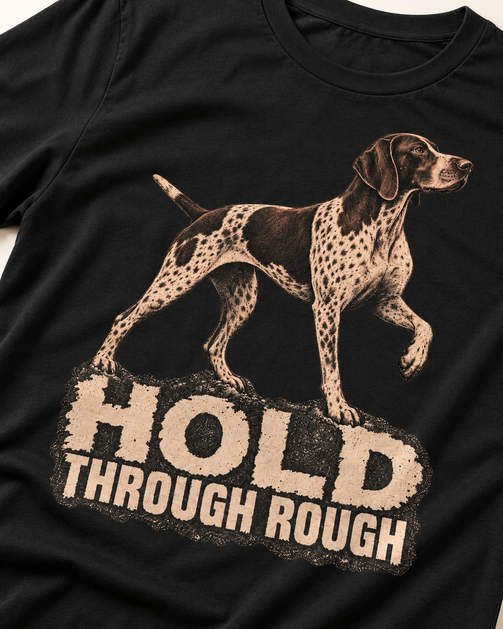 German Shorthaired Pointer Hold Through Rough Vintage Graphic T-Shirt in Black, close-up of the graphic