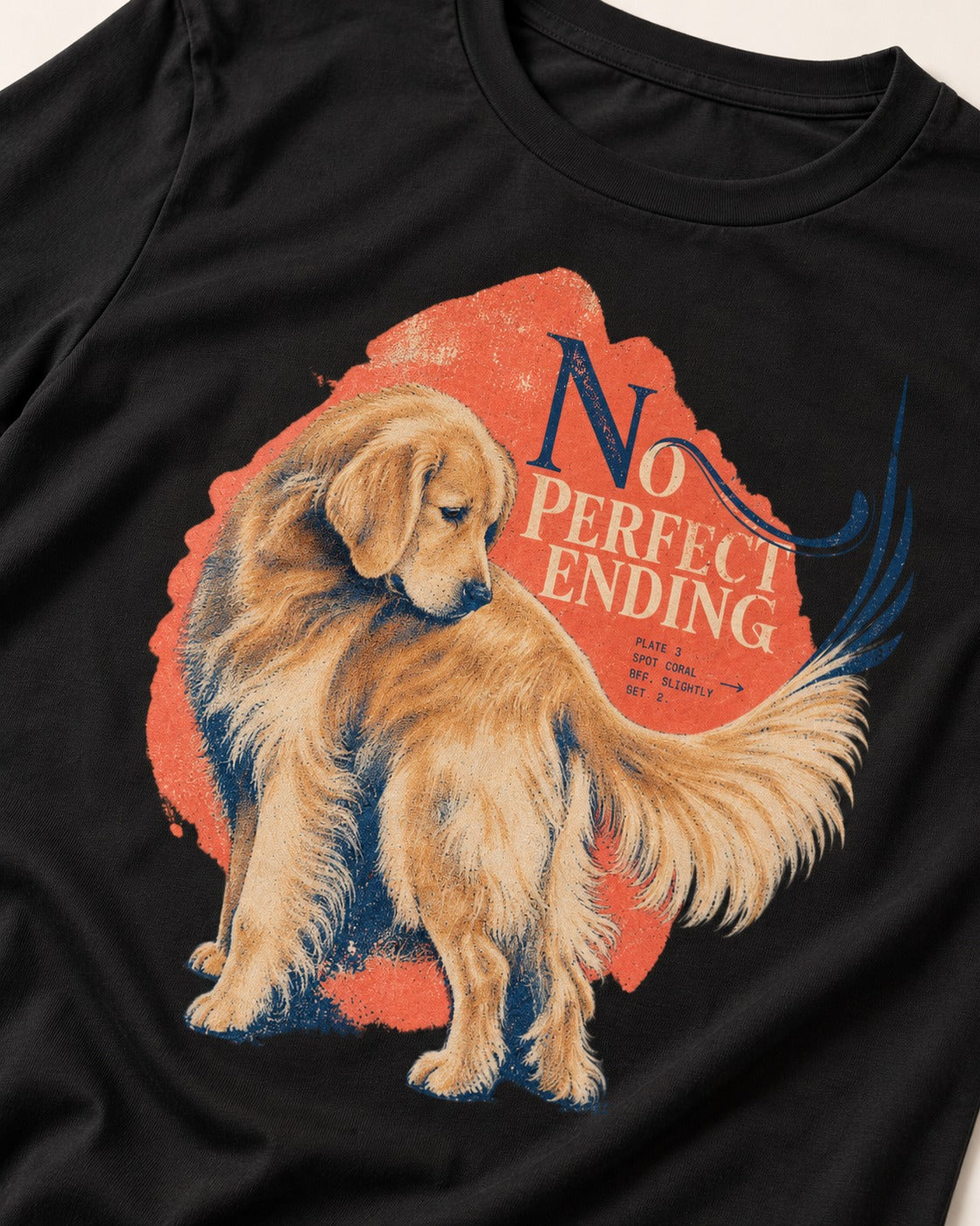 Golden Retriever No Perfect Ending Misregistration Graphic T-Shirt in Black, close-up of the graphic