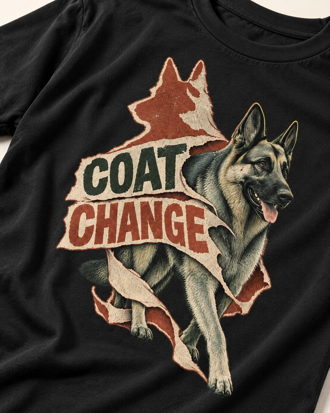 Coat Change Running German Shepherd Dog Ribbon Graphic T-Shirt in Black, close-up of the graphic