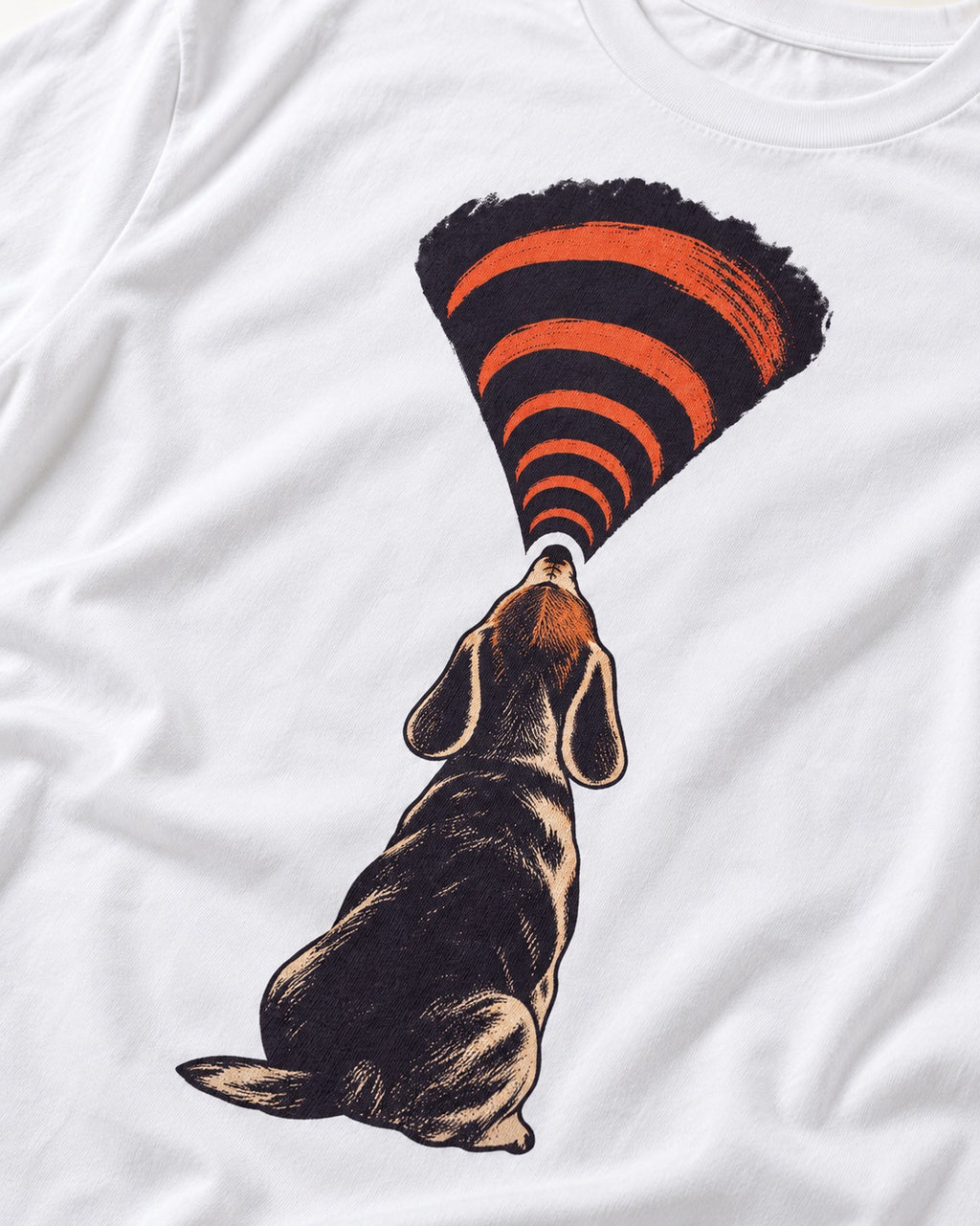 Beagle Broadcast T-Shirt in White, close-up of the graphic