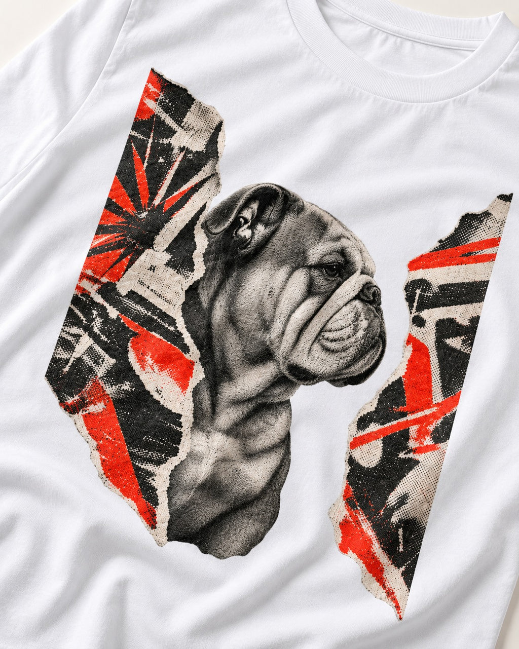 English Bulldog Unbowed T-Shirt in White, close-up of the graphic
