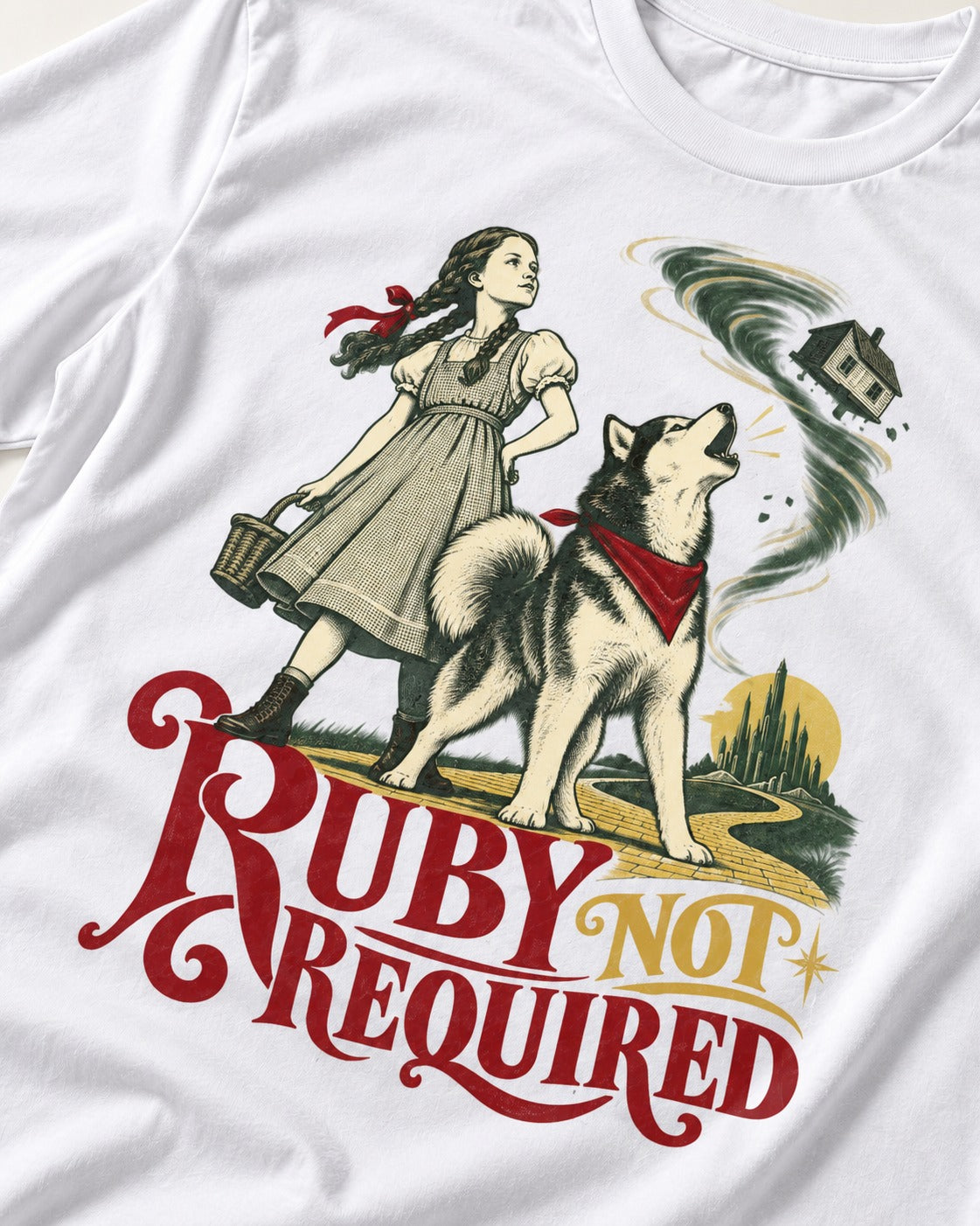 Ruby Not Required for Husky T-Shirt in White, close-up of the graphic
