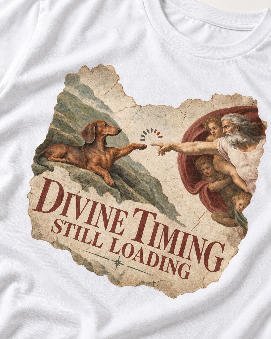Dachshund's Divine Timing T-Shirt in White, close-up of the graphic