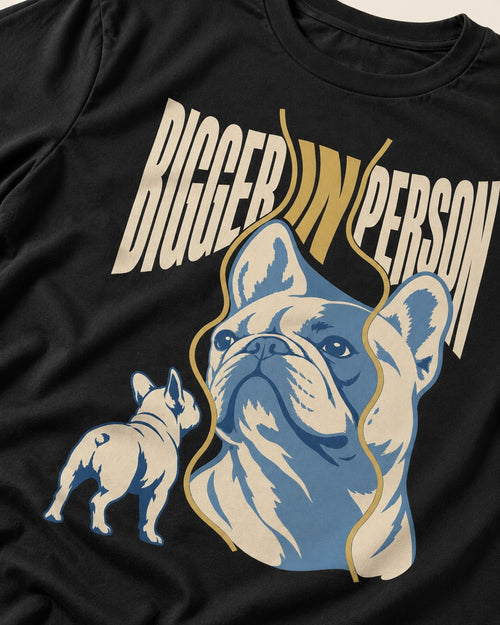 Frenchie Bigger in Person Mirror Graphic T-Shirt in Black, close-up of the graphic