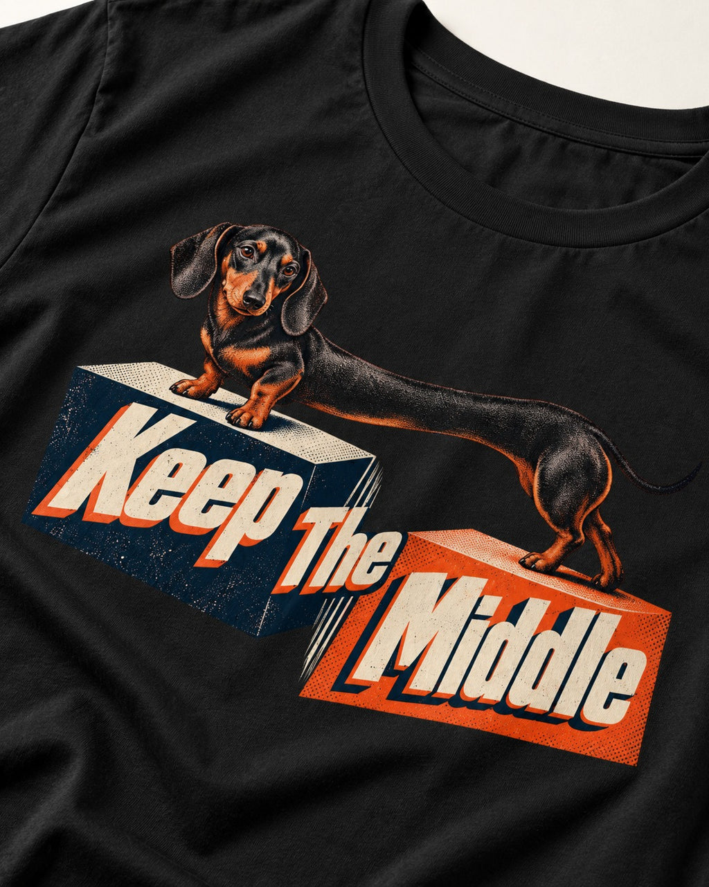 Dachshund Keep The Middle Block Bridge Graphic T-Shirt in Black, close-up of the graphic