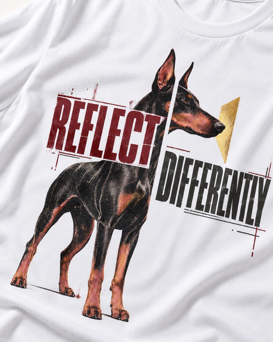 Doberman Reflects Differently T-Shirt in White, close-up of the graphic