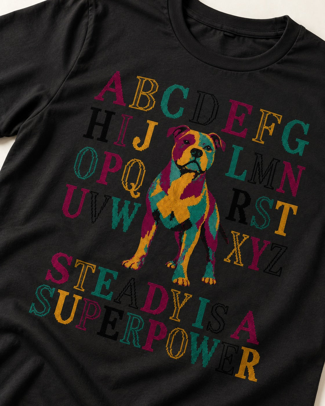 Pitbull Steady Is a Superpower Alphabet Graphic T-Shirt in Black, close-up of the graphic