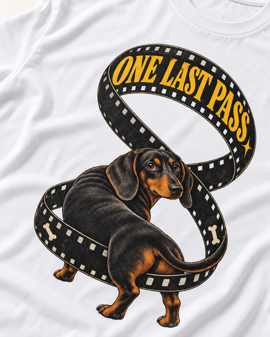 Dachshund's One Last Pass T-Shirt in White, close-up of the graphic
