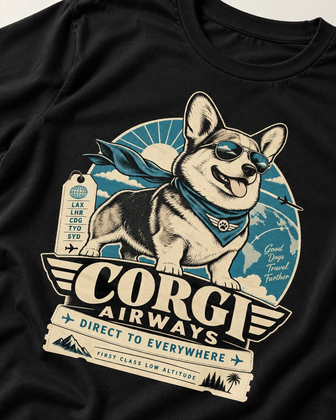 Corgi Airways Direct to Everywhere Badge T-Shirt in Black, close-up of the graphic
