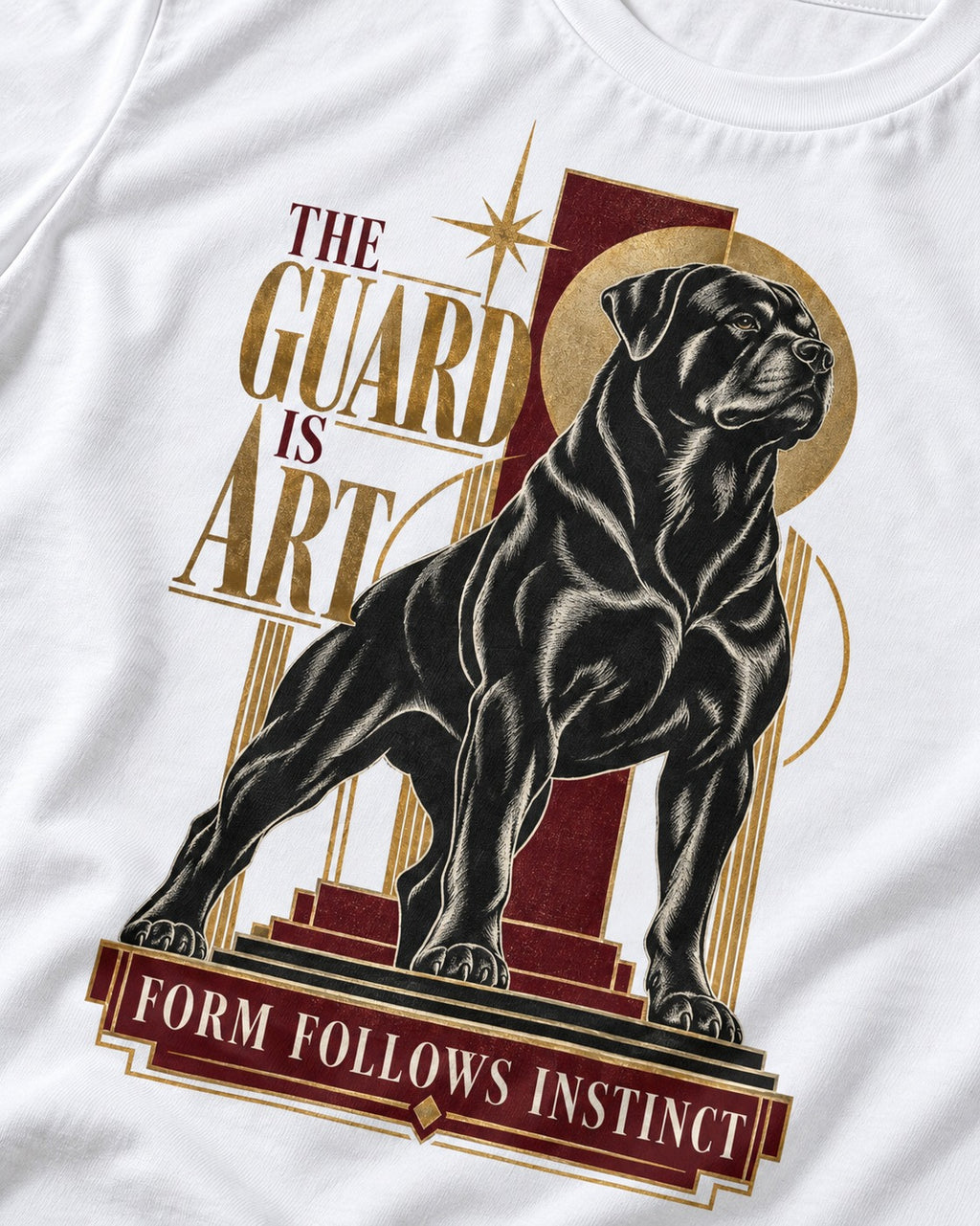 Rottweiler Form Follows Instinct T-Shirt in White, close-up of the graphic