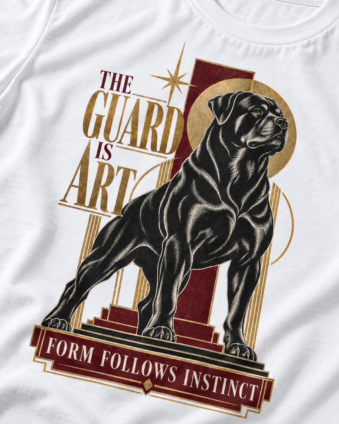 Rottweiler Form Follows Instinct T-Shirt in White, close-up of the graphic