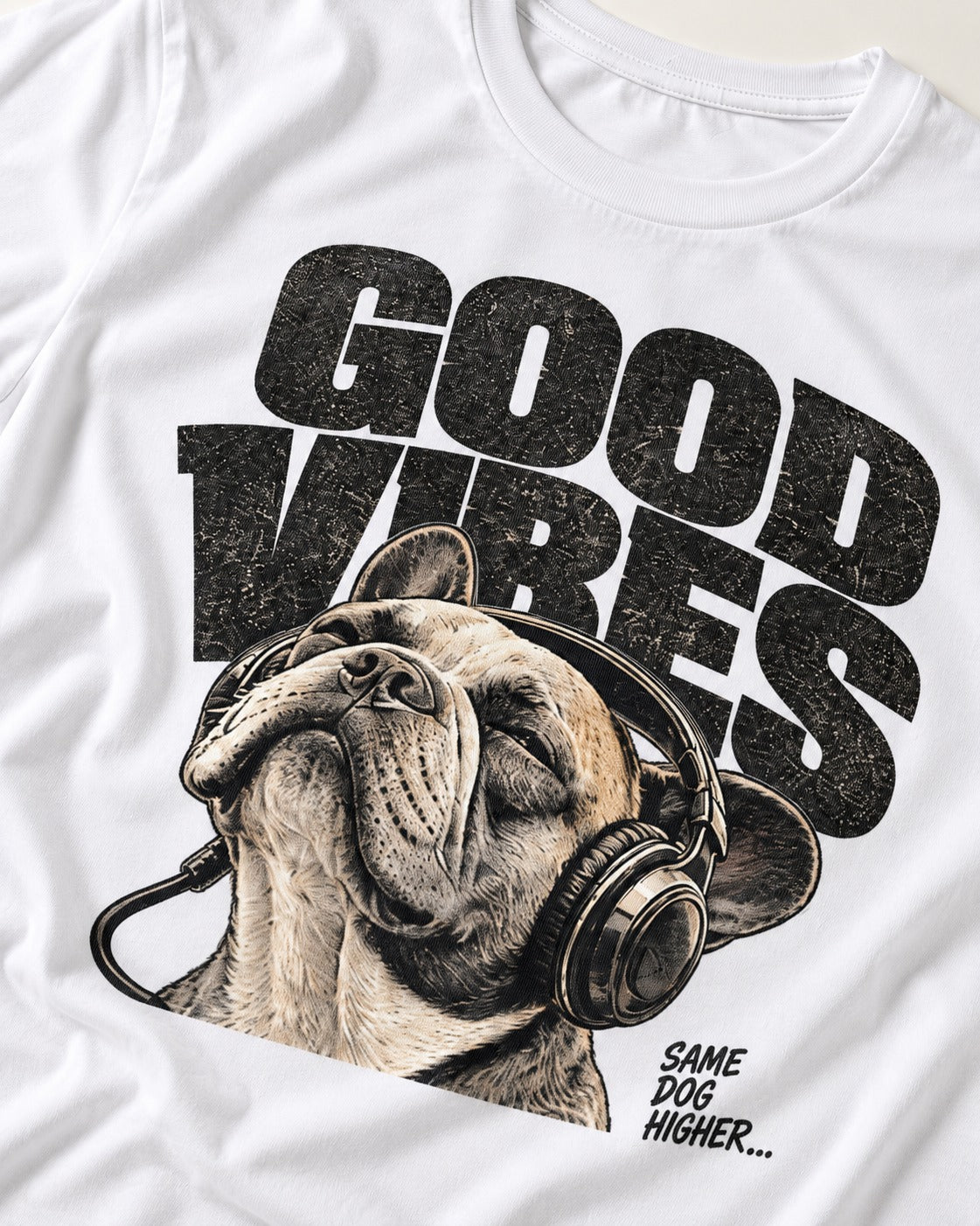 Frenchie Good Vibes T-Shirt in White, close-up of the graphic