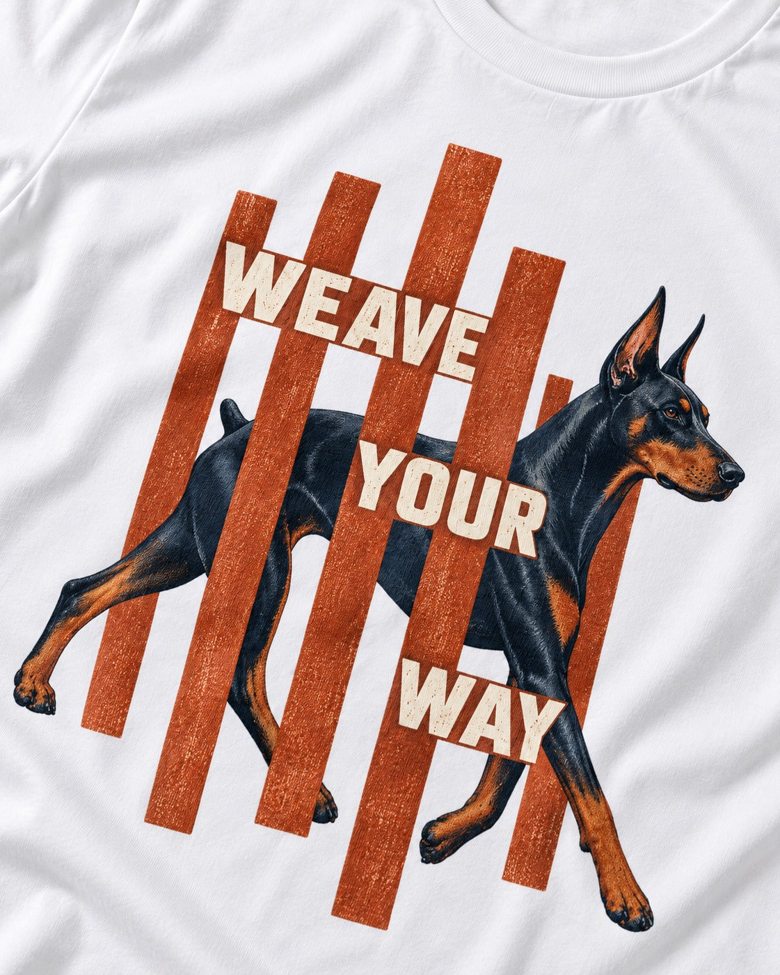 Weave Your Way Doberman T-Shirt in White, close-up of the graphic