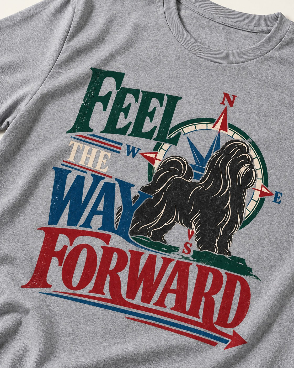 Shih Tzu Feel the Way Forward Compass Graphic T-Shirt in Sport Grey, close-up of the graphic