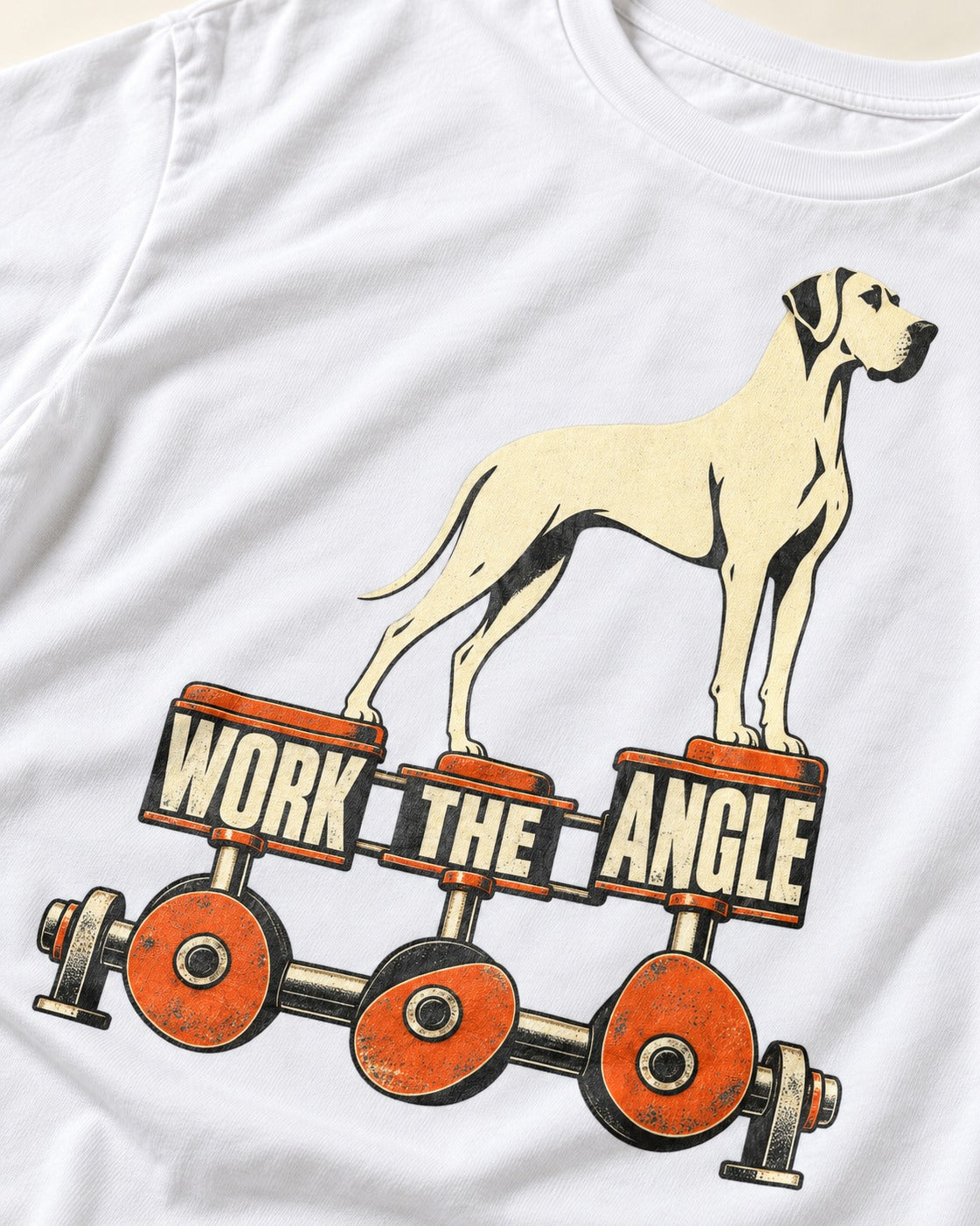 Great Dane Work the Angle T-Shirt in White, close-up of the graphic