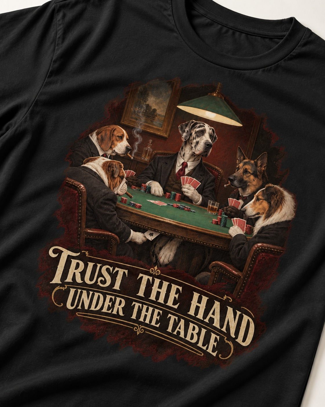 Great Dane Trust the Hand Under the Table Poker Graphic T-Shirt in Black, close-up of the graphic