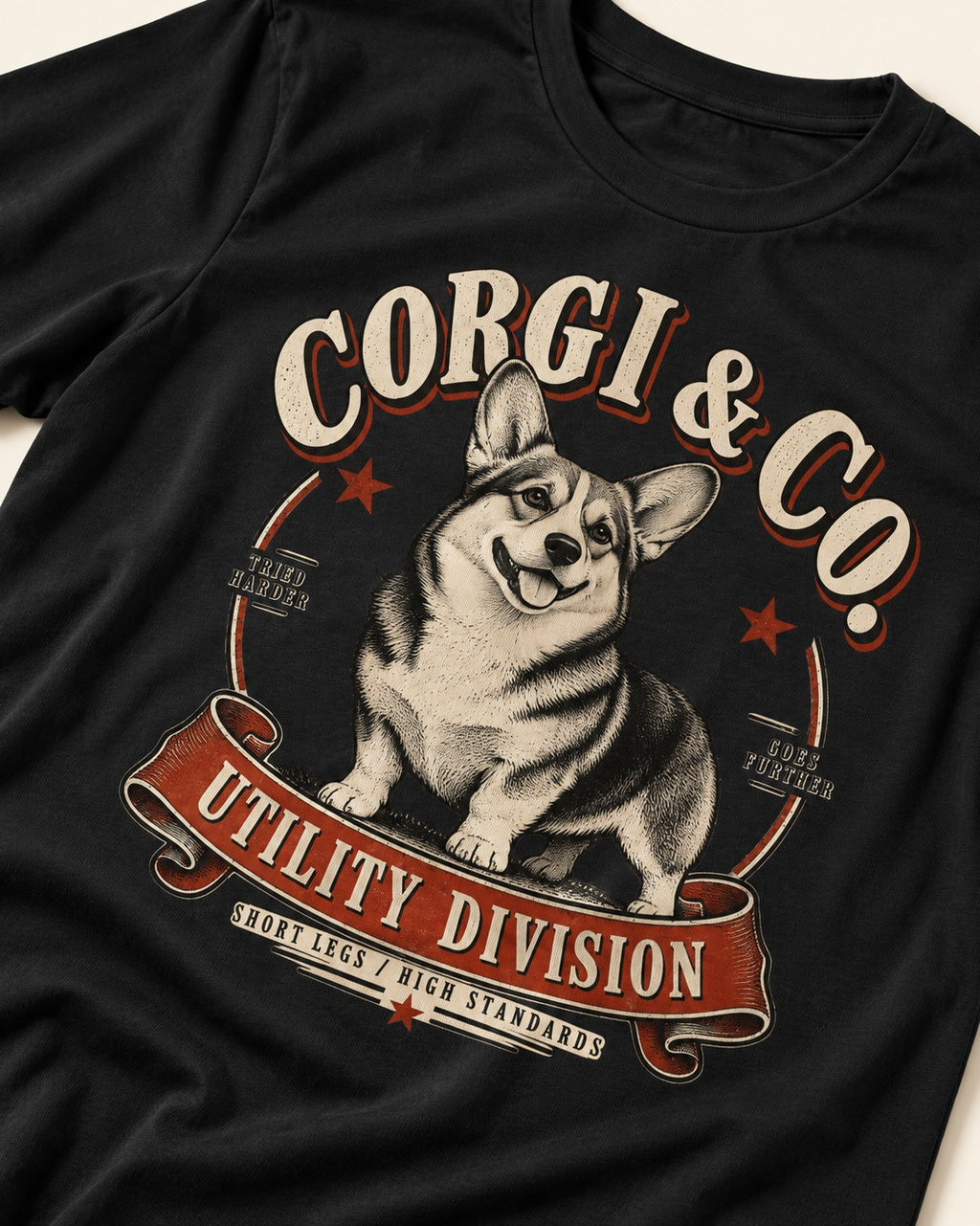 Corgi's High Standards T-Shirt in Black, close-up of the graphic