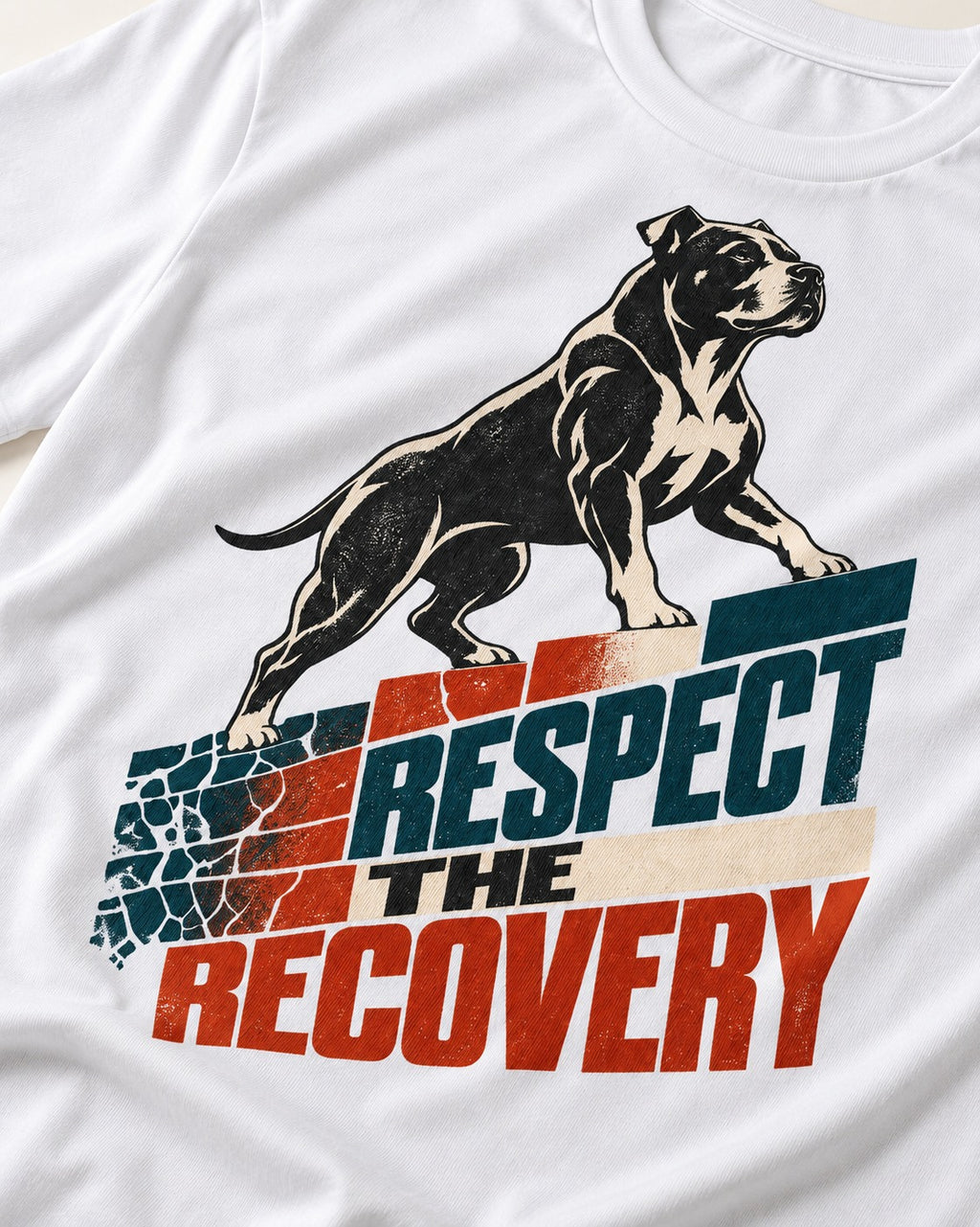 Pitbull Respect the Recovery T-Shirt in White, close-up of the graphic