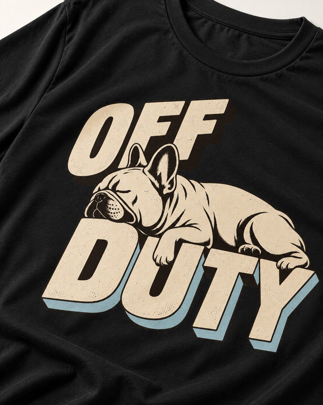 Frenchie Off Duty Sleeping Type Graphic T-Shirt in Black, close-up of the graphic
