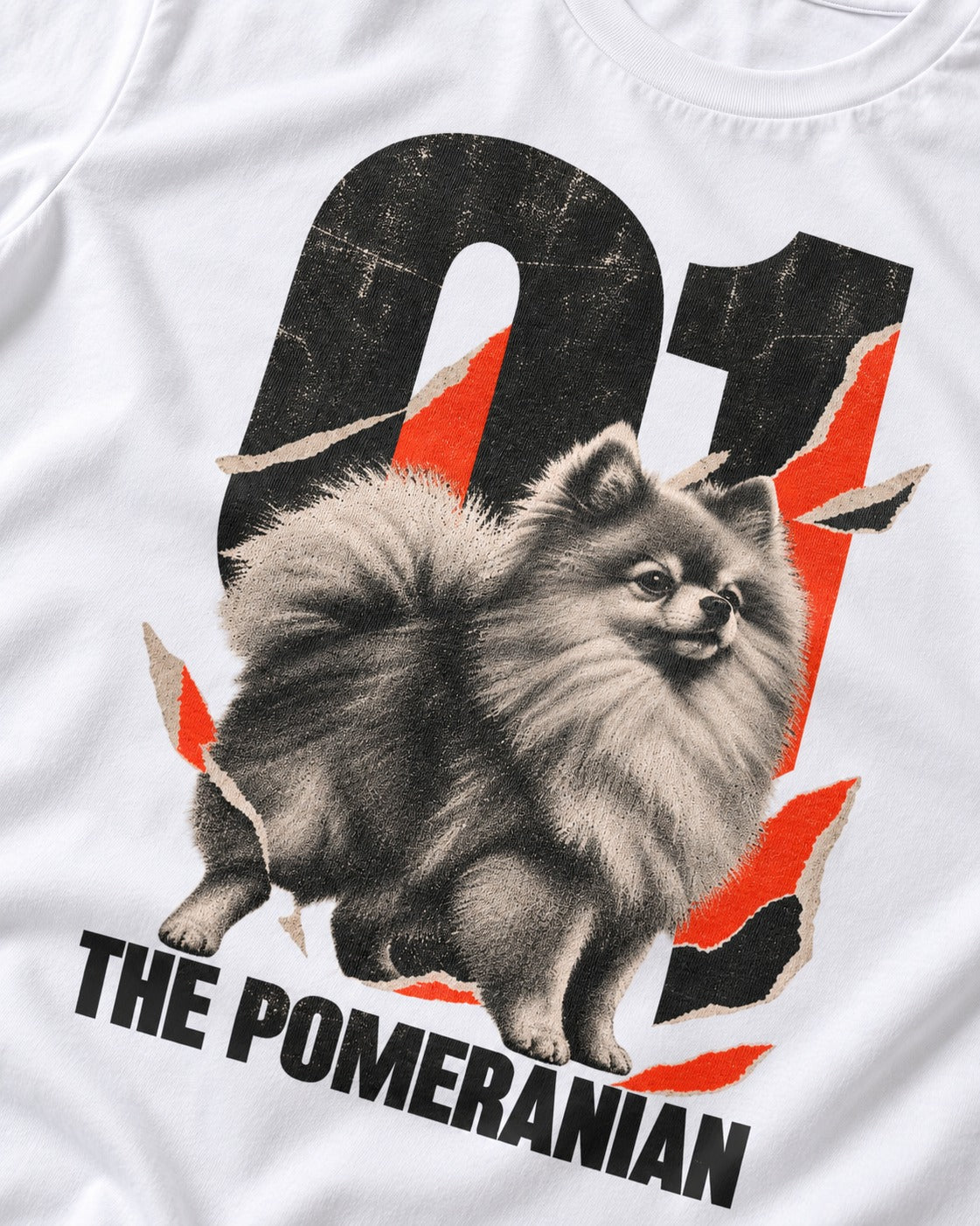 The Pomeranian T-Shirt in White, close-up of the graphic
