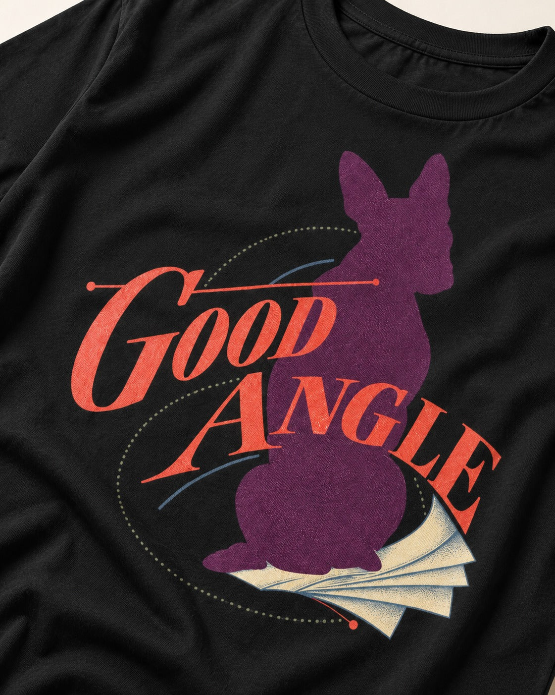 Good Angle Boston Terrier Paper Graphic T-Shirt in Black, close-up of the graphic
