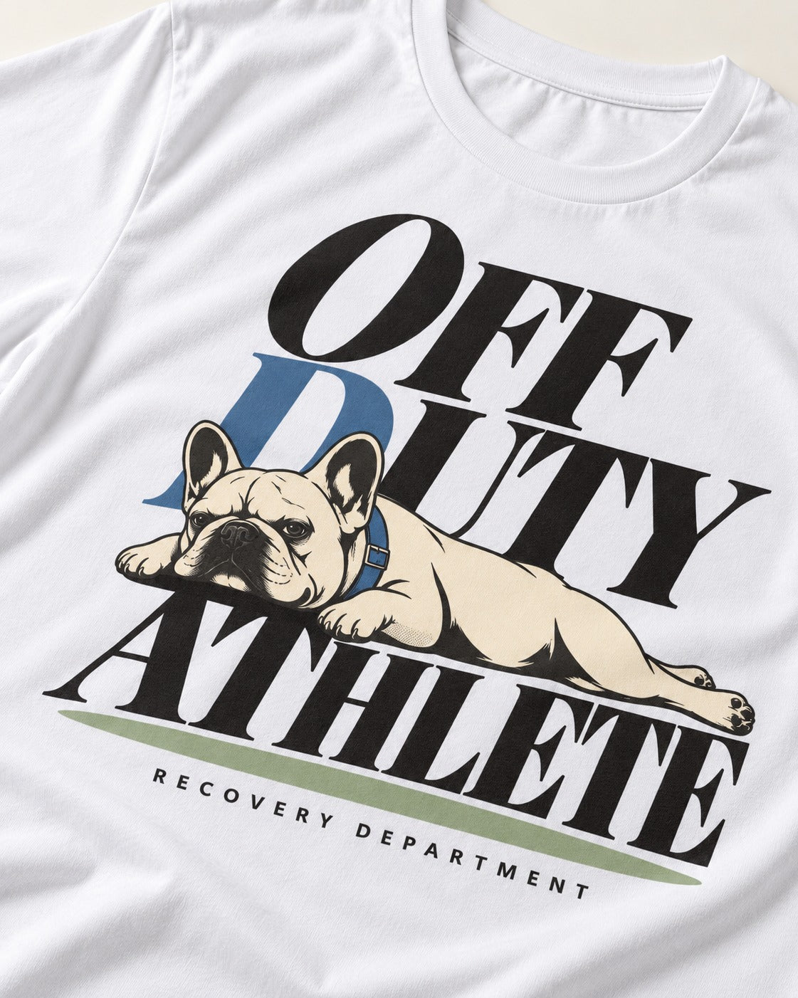 Off Duty Athlete Frenchie T-Shirt in White, close-up of the graphic