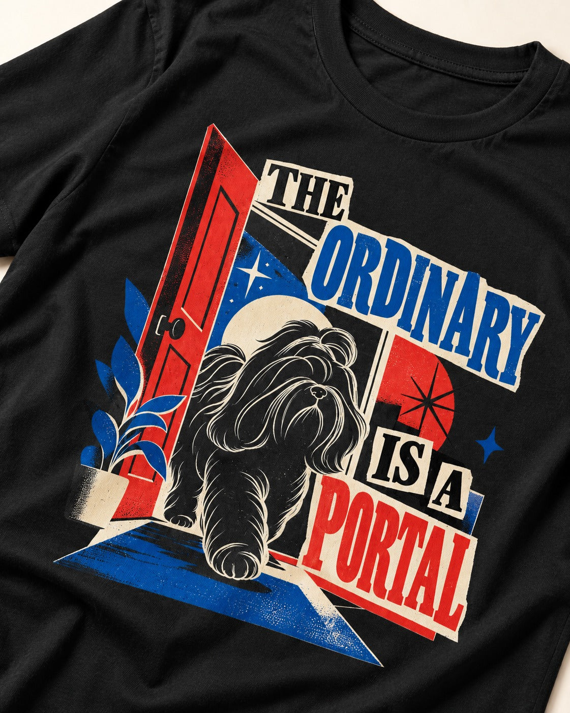 Shih Tzu The Ordinary Is a Portal Door Graphic T-Shirt in Black, close-up of the graphic