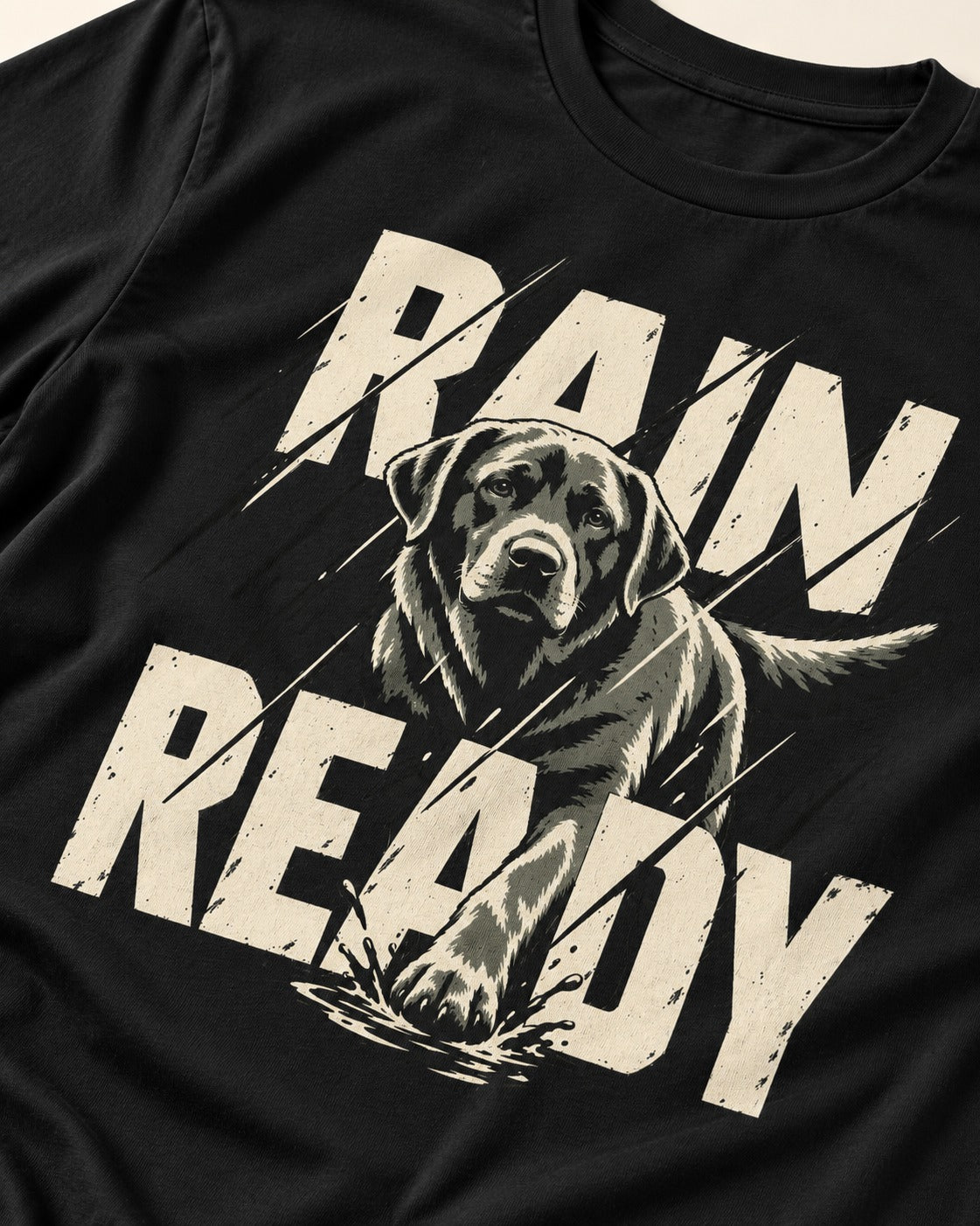 Labrador Retriever Rain Ready Charging Splash Graphic T-Shirt in Black, close-up of the graphic