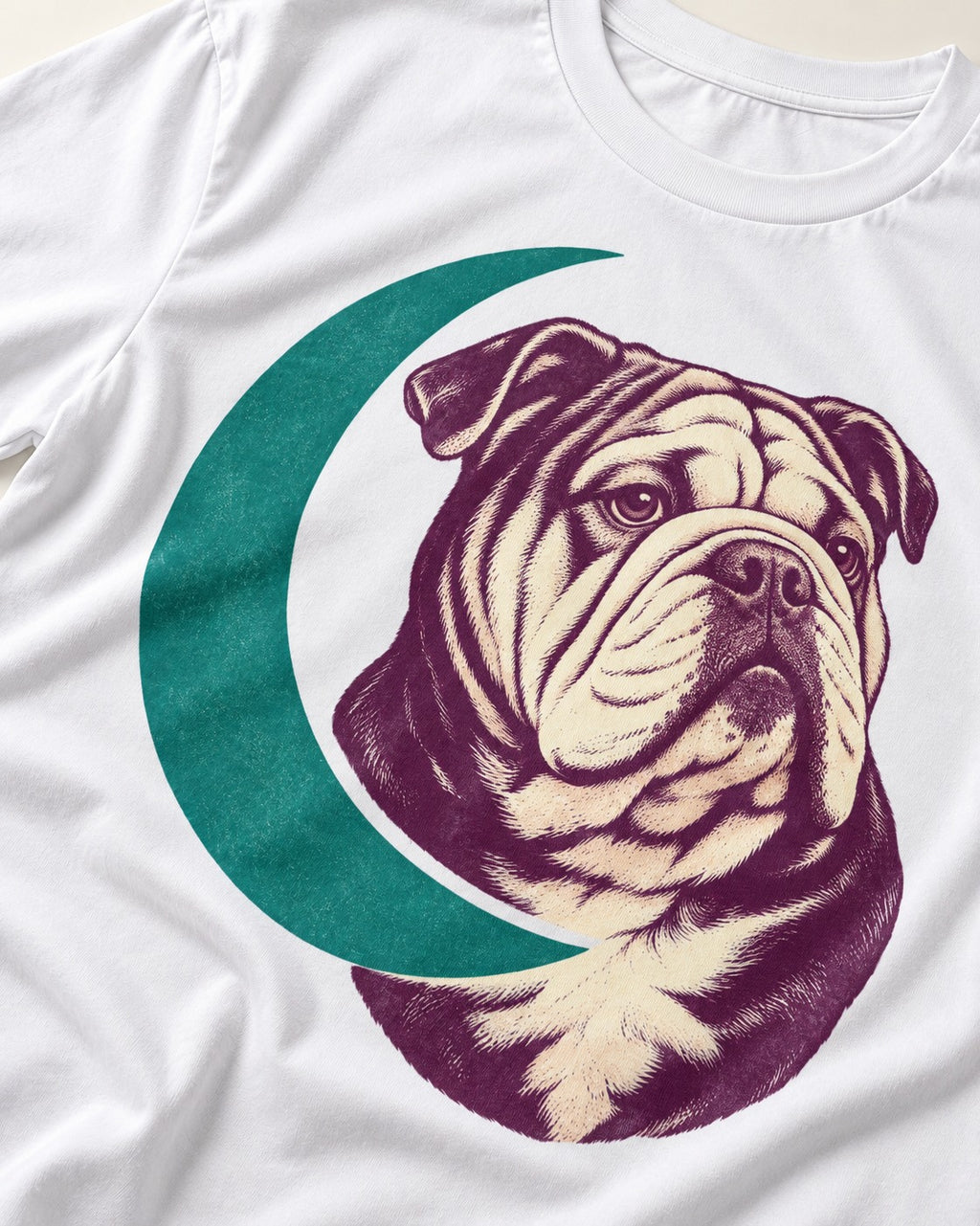 Moonstruck English Bulldog T-Shirt in White, close-up of the graphic