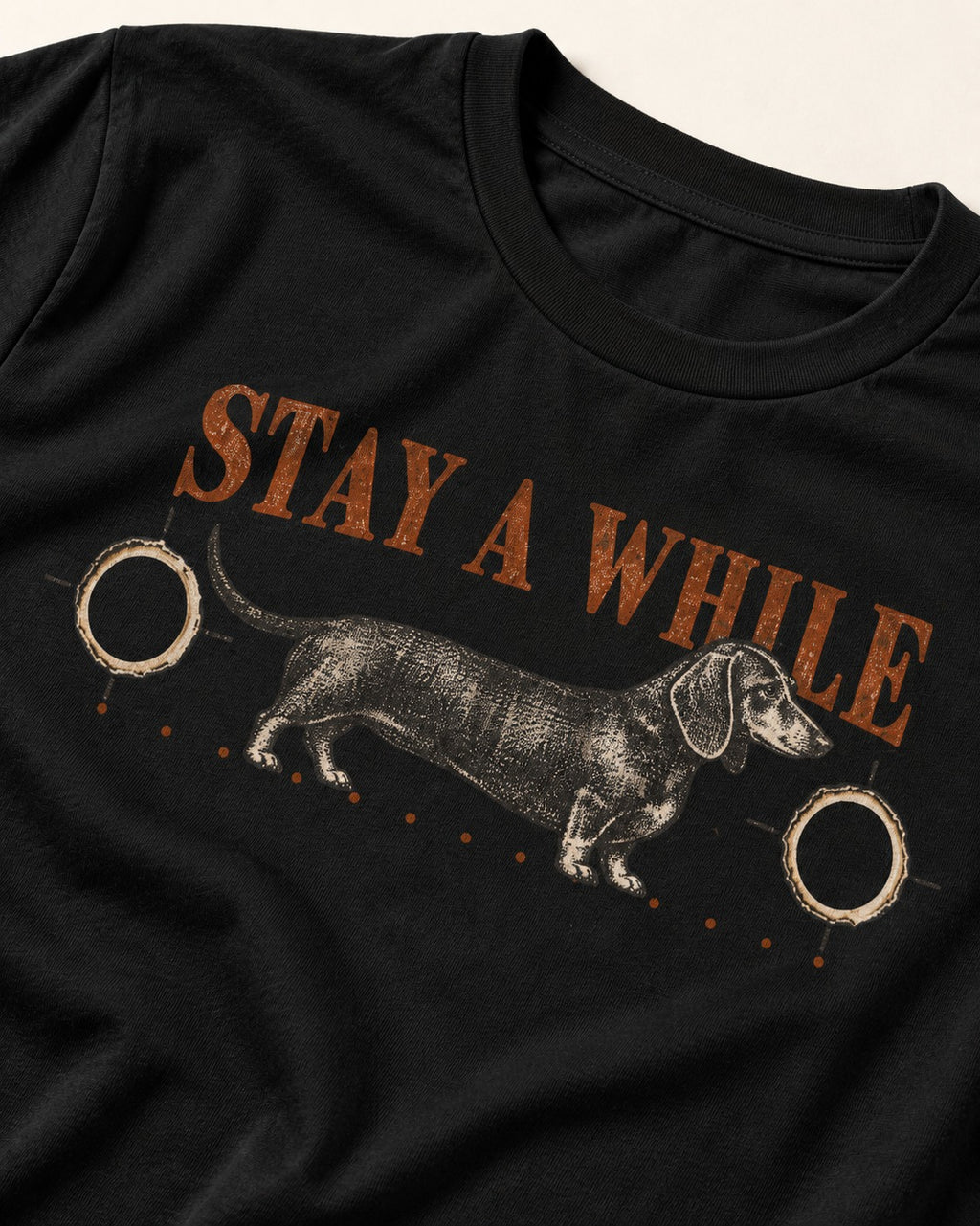 Dachshund Stay A While Ornamental Portrait Graphic T-Shirt in Black, close-up of the graphic