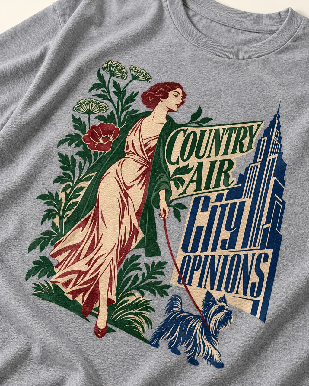 Yorkshire Terrier Country Air City Opinions Botanical Graphic T-Shirt in Sport Grey, close-up of the graphic