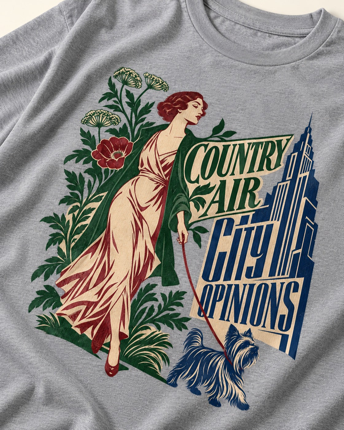 Yorkshire Terrier Country Air City Opinions Botanical Graphic T-Shirt in Sport Grey, close-up of the graphic