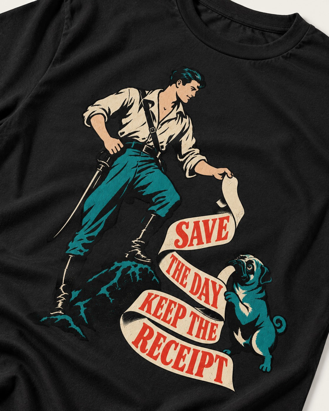 Pug Save the Day Keep the Receipt Hero Graphic T-Shirt in Black, close-up of the graphic