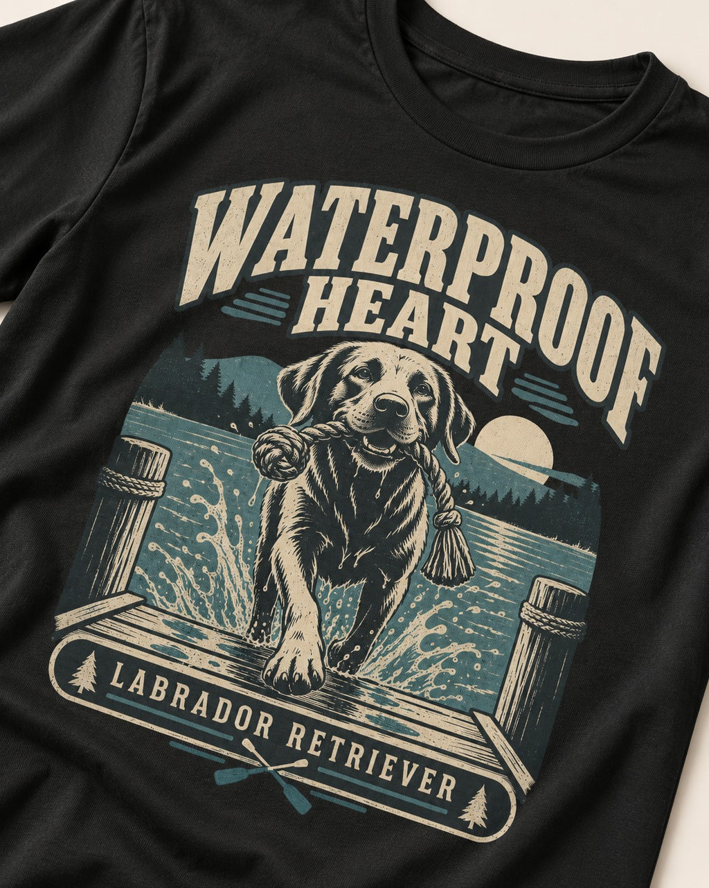 Labrador Retriever Waterproof Heart Lake Adventure Graphic T-Shirt in Black, close-up of the graphic