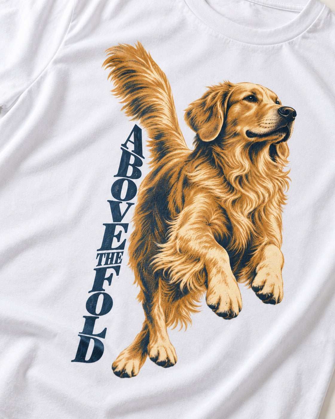 Golden Retriever Above the Fold T-Shirt in White, close-up of the graphic