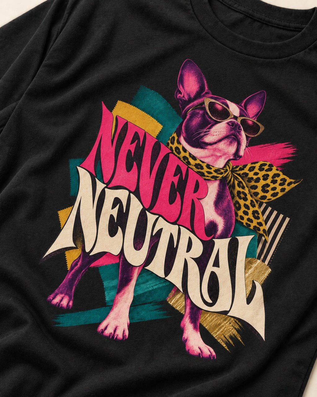 Boston Terrier Never Neutral Fashion Collage Graphic T-Shirt in Black, close-up of the graphic