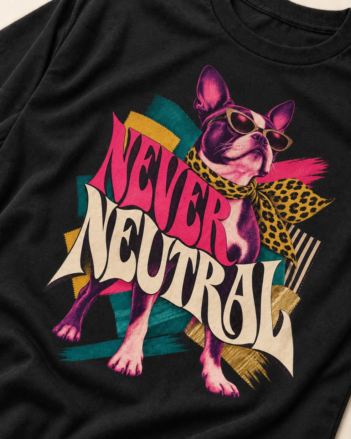 Boston Terrier Never Neutral Fashion Collage Graphic T-Shirt in Black, close-up of the graphic