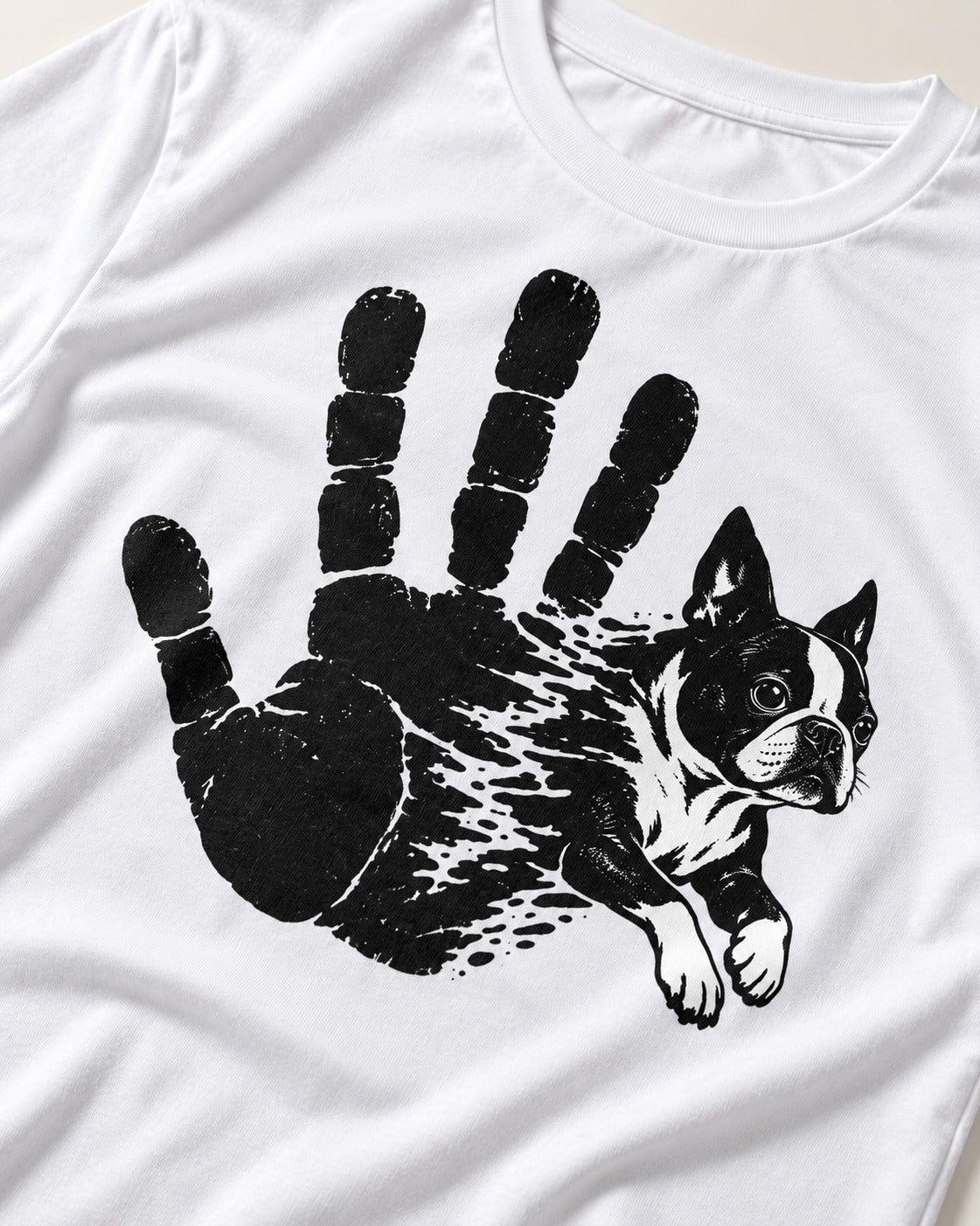 Boston Terrier High Five T-Shirt in White, close-up of the graphic