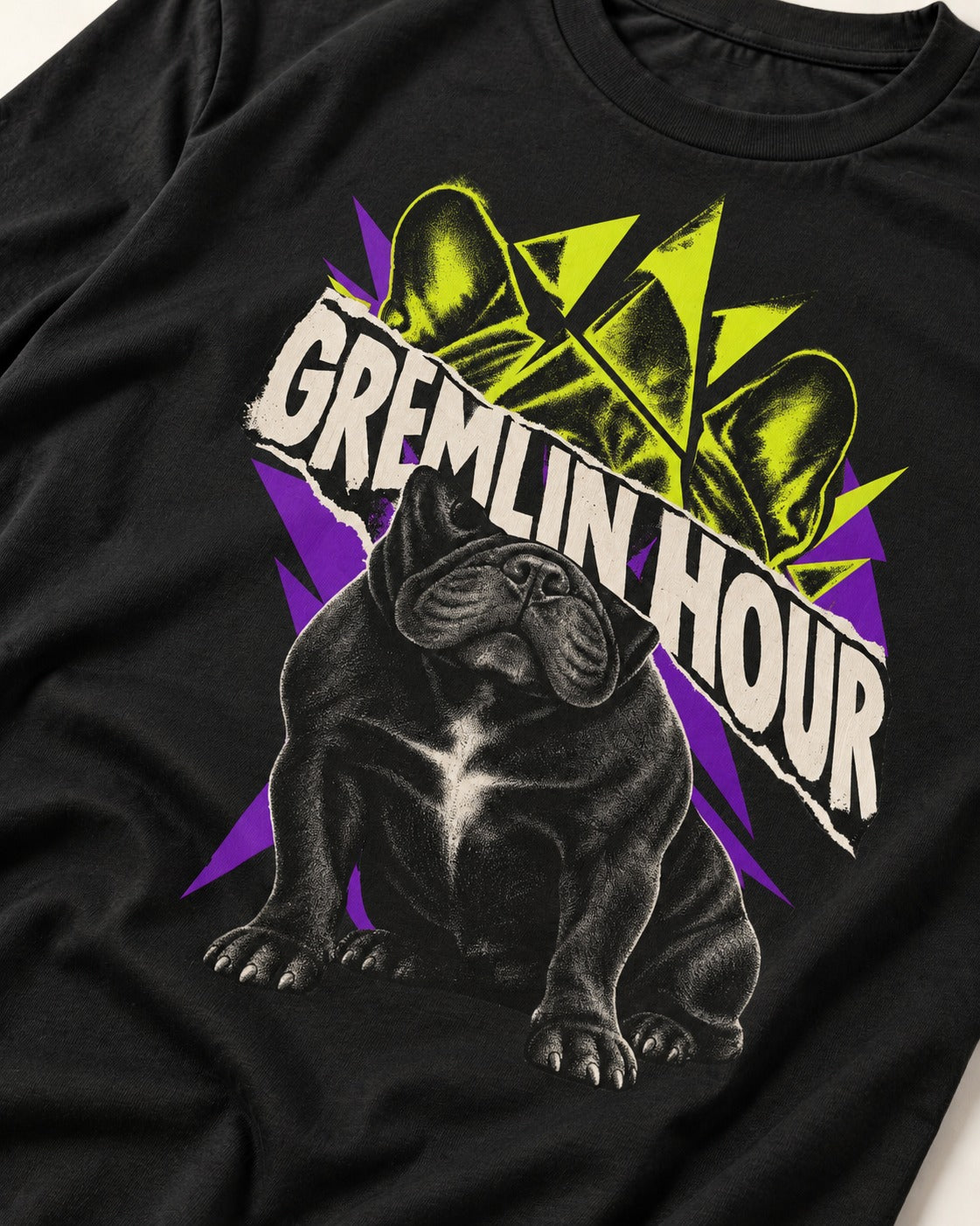 Frenchie Gremlin Hour Fracture Portrait Graphic T-Shirt in Black, close-up of the graphic